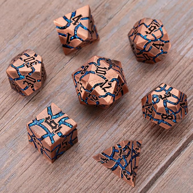 Dice Set D&D Dungeons and Dragons Dice D20 Metal DND Dice Set with Box, Polyhedral Role Playing Dice D12 D10 D% D8 D6 D4 for MTG RPG Board Games(Antique Copper Bright Blue)