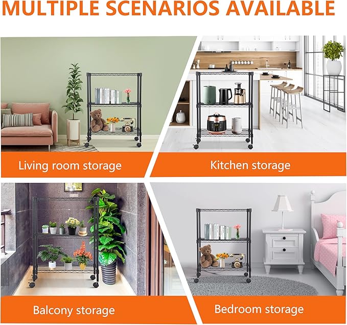 BestOffice 3-Tier Adjustable Wire Shelving Storage Shelves Heavy Duty Shelving Unit with Wheels for Small Places Kitchen Garage Balcony,Black