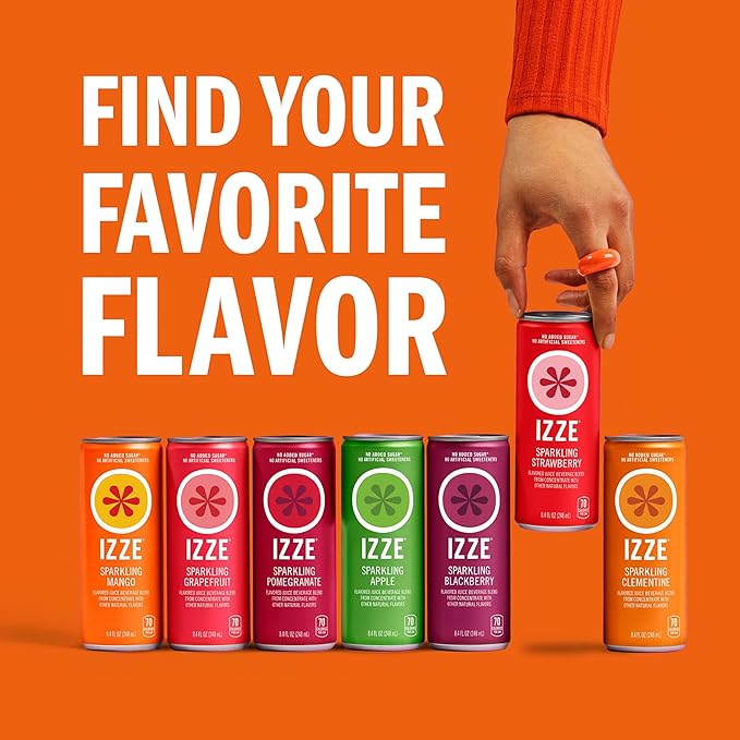 IZZE Sparkling Juice Beverage Blend, Sunset Variety Pack, Clementine, Peach, Cherry Lime, Pomegranate, No Sugar Added, 8.4 FL OZ, 24 Cans