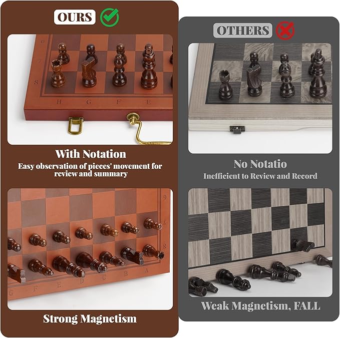 Magnetic Chess Set 15.5 Inch Chess Boards for Adults & Kids, Leather & Wooden Folding Board with Handmade Wood Pieces, Travel Chess Sets Game with Portable Handle for Beginners Professionals