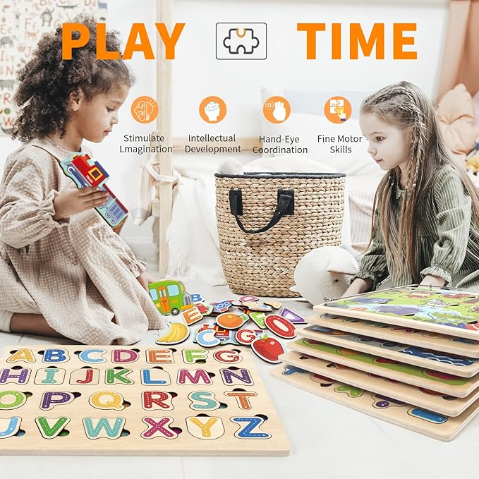 Wooden Puzzles for Toddlers with Storage Rack, WOOD CITY Toddler Puzzles Ages 3-6 for Kids, Learning Preschool Wood Puzzle for Boys and Girls-6 Pack Alphabet Number Shape Fruit Animal Vehicle