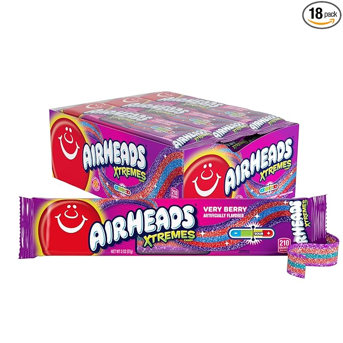 Airheads Xtremes Sweetly Sour Candy Belts, Halloween Trick or Treat Taffy Candy Variety Pack, Individually Wrapped Bulk Candy for Adults & Kids, Very Berry Flavor Artificially Flavored, 18 Count Box