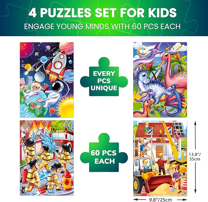 QUOKKA Puzzles for Kids Ages 4-6 - Set of 4x60 Jigsaw Puzzles for Toddlers 3-5 - Space, Dino, Firefighters Toys for Children 6-8 yo - Gift Educational Game for Boys & Girls