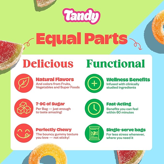 Tandy Mellow Melons & Mellow Rings L-Theanine Gummies I Relaxation Gummy with Watermelon & Peach Flavors I Calming Gummies for Adults I Gluten-Free Fast-Acting Dietary Supplement Gummy I 6-Pack