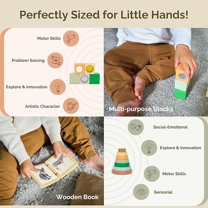 Jackie & Vancie Montessori Toy Set for Babies 7 to 12 Months, Sensory Playkit 6 in 1 Wooden Learning Toys with Object Permanence, Rainbow Stacker, Mirror Puzzle, Sensory Blocks, Egg & Cup, Wooden Book