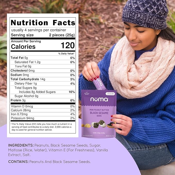 Mini Peanut Butter Black Sesame Bars – Vegan, Low Sugar, High Protein, Low Calorie, All Natural, Gluten Free – Crunchy Plant Based Snack – 3 Bags with 8 Individually Wrapped Pieces