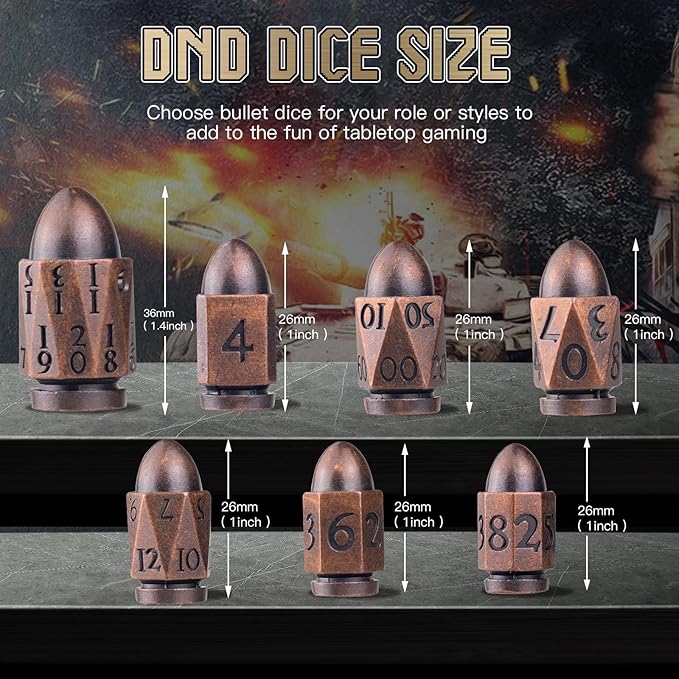 Bullet Dice PCCECQEE,Metal DND Dice Set of 7 Piece,Large D20 Dice Polyhedral Role Playing for Dungeons and Dragons MTG RPG Board Games (Copper)