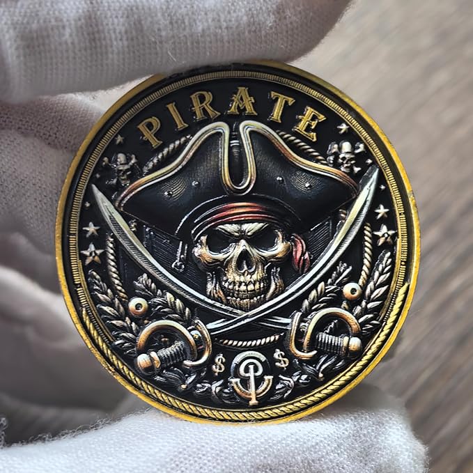 Pirate Challenge Coin – Adventure-Themed Zinc Alloy Coin with Treasure Map Design – 1.57 Inch Collectible Coin with Skull and Cross Swords   