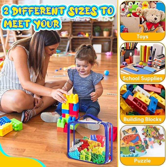 AOBOPLE 6 Packs Toy Storage Bags with Zipper,2 Size Clear Toy Organizer Bags,Waterproof Lego Organizers and Storage,Toy Bags for Board Games,Building Blocks,Puzzles,Kids Books