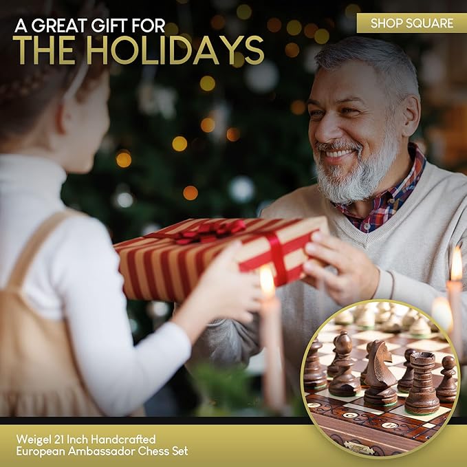 Wegiel Handmade European Ambassador Chess Set - Wooden 21 Inch Beech & Birch Board with Felt Base - Carved Hornbeam & Sycamore Wood Chess Pieces