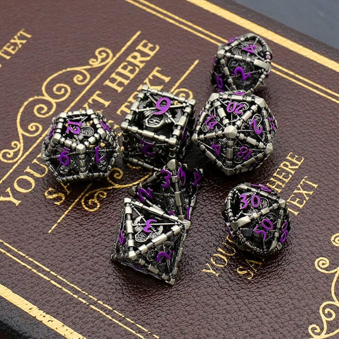 Hollow Grim Reaper Metal Polyhedral Dice Set - Purple Numbered D&D, Pathfinder, Warhammer, Shadowrun Gaming Dice