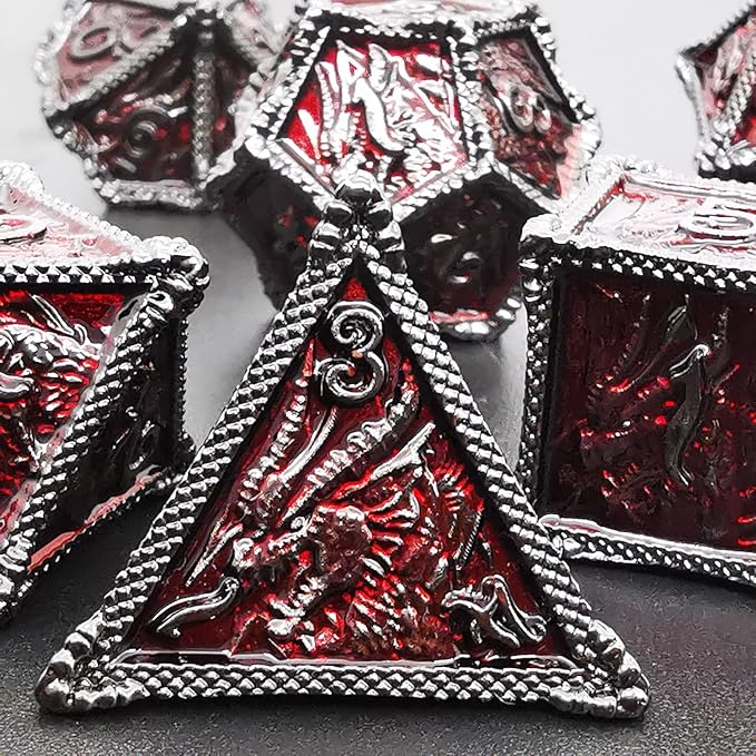 HAOMEJA DND Dice Metal Dragon Dice Set 7 Role Playing Dice D&D Solid Dice Dungeons and Dragons (Black Nickel Red)
