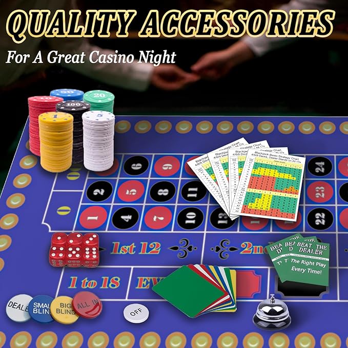 5 in 1 Premium Casino Game Set: Blackjack/Roulette/Craps/Texas Holdem/Poker Game Kit with 360 Chip+8 Deck Card+Roulette Wheel+2 Two-Sided Felt+6 Dice+Stratedgy Card,Texas Holdem Poker Blackjack Set