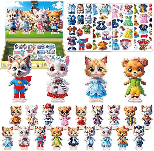 Yuzee Magnetic Dress Up Games Cute Pets Set with Storage Box, 55 Pieces of Clothing Magnets and 4 Cute Animal Figures Accessories, Magnetic Travel Toys Reusable, Foster Creativity and Imagination (A)