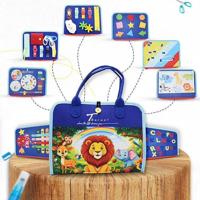 Montessori Busy Board for Toddlers, Sensory Creative Activity Toy for Fine Motor Skills Development, Educational Travel Companion for Boys & Girls, Rainbow Safari.