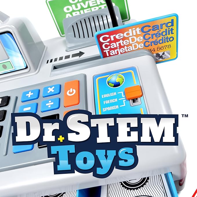 Dr. STEM Toys | Talking Toy Cash Register | STEM Learning 69 Piece Pretend Store with 3 Languages, Paging Microphone, Credit Card, Bank Card, Play Money and Banking for Kids, Silver