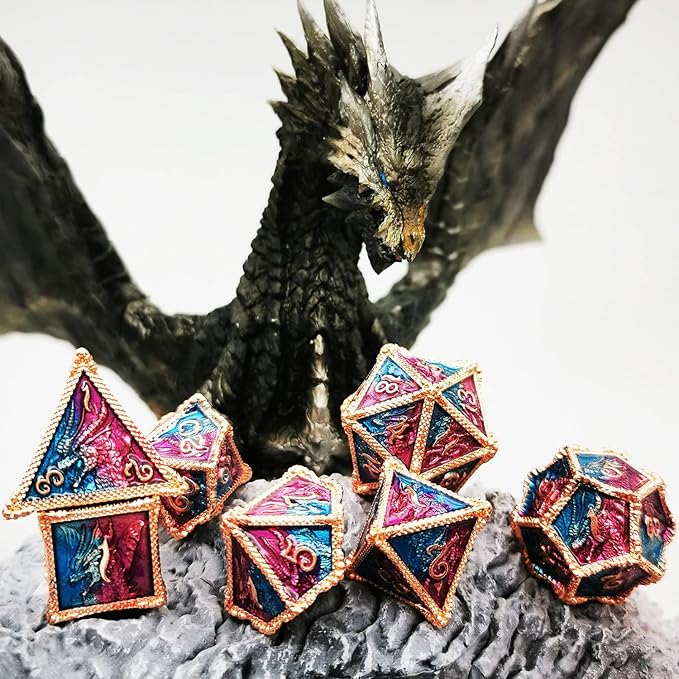 HAOMEJA DND Dice Metal Dragon Set Dice 7 Role Playing Dice D&D Solid Dice Dungeons and Dragons (Red Copper Blue Purple)
