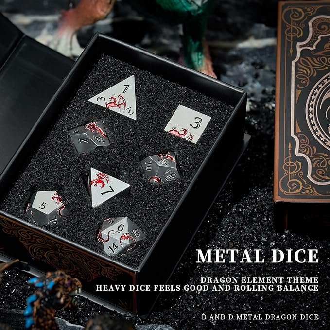 Metal Dice Set D&D, HNCCESG Polyhedral Dice 7 Piece Dice Dragon Metallic DND Dice Set for Dungeons and Dragon RPG Tabletop Game(Matte Silver Red Dragon)