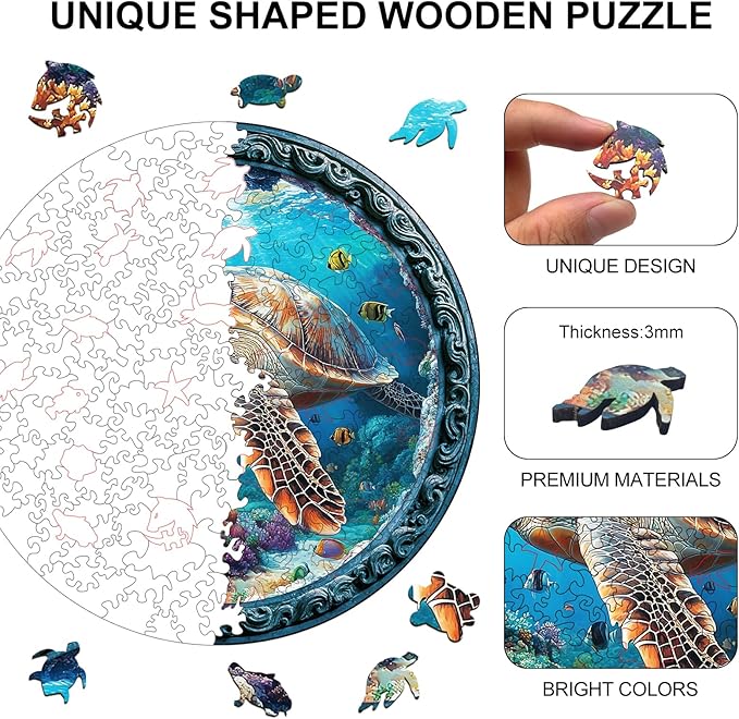 Wooden Puzzle for Adults โ Unique Sea Turtle-Shaped Jigsaw, Ocean Animal Design Brain Teaser for Kid & Teen 220 Pieces, 10"x10", Ships as Whole Puzzle Board, Gift-Ready Box, Fun Family Game,