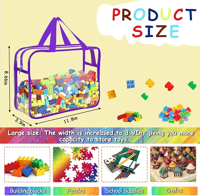 6 Packs Large Toy Storage Bags with Labels, Reusable Clear PVC Board Game Storage, Travel Waterproof Organizer Bags with Zipper for Building Blocks, Puzzle, Kids Books(6 Colors)