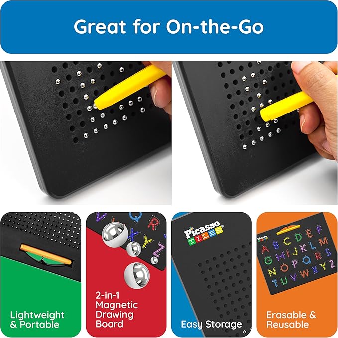 PicassoTiles 2-in-1 Magnetic Drawing Board Toy 12x10 inch Large Magnet Bead Tablet Pad with 2 Facings Alphabet+ Math STEM Free Style Educational Erasable Learning Writing Playboard in Black PTB02