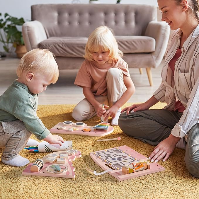 ROBUD Wooden Busy Board for Children - Montessori Learning Toy, Wall Mounted Activity Centre with Gears, Maze, Children's Wooden Toy Gifts for Toddlers, Girls, Boys