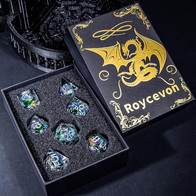 Dragon Pattern Liquid Core DND Dice Set, 7Pcs Resin Sharp Edge D&D Dice with Gift Box, Green Dungeons Dragons D and D Role Playing Game Dice D20 D12 D10 D8 D6 D4