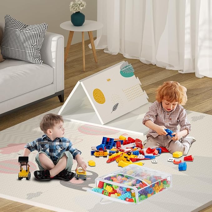 10 PCS Clear Zippered Toy Storage Bags with handle, Kids Toy Storage Organizer with Mesh Pocket for Instructions, Playroom Organizer Plastic Bags for Blocks Set Puzzles-White