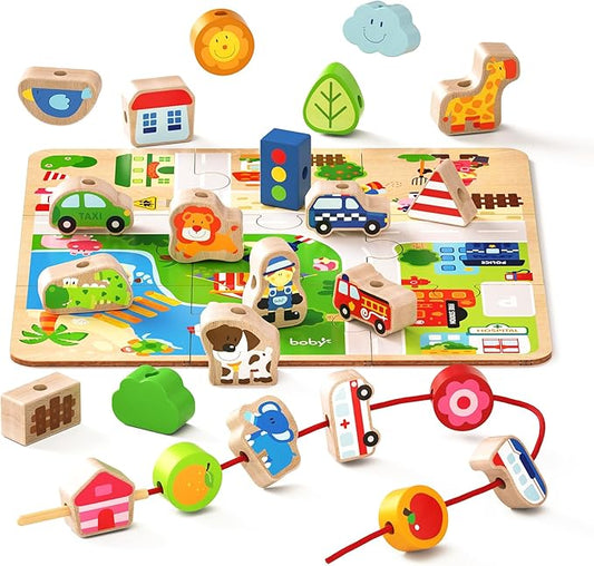 24-Piece Real Wood Bead Threading Puzzle Blocks with Traffic Scenario Game Board - Kids' Educational Toy Set with 2 Stringing Sticks & Cotton Storage Bag(Ages 3-6)