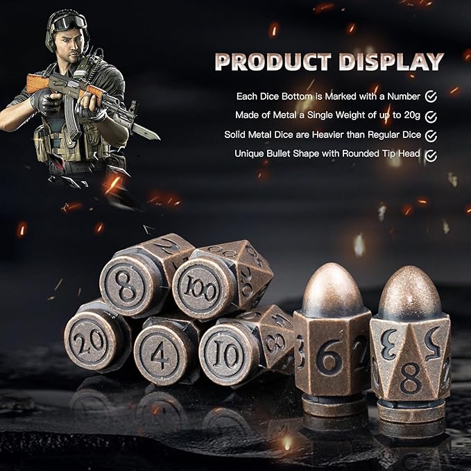 Bullet Brass Dice for Dungeons and Dragons - Solid Metal Polyhedral D&D Dice Set for MTG, RPG, Tabletop Games, Warhammer 40K, Shadowrun