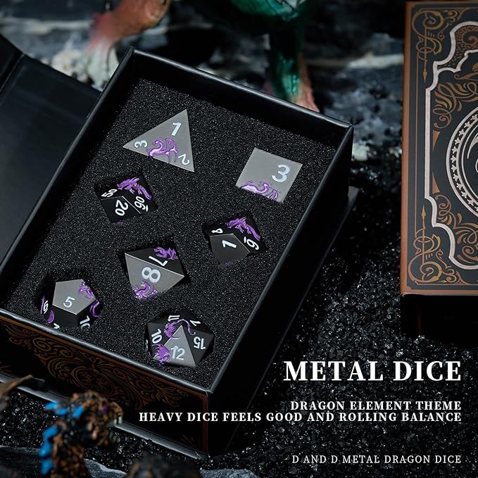 Metal Dice Set D&D, HNCCESG Polyhedral Dice 7 Piece Dice Dragon Metallic DND Dice Set for Dungeons and Dragon RPG Tabletop Game(Black Purple Dragon)