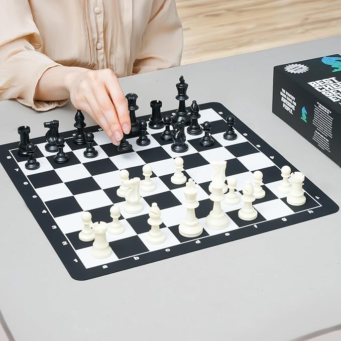 Best Chess Set Ever Portable Chess Set 1X Single Weighted Staunton Pieces with 15 in Foldable Silicone Chess Board, Lite Edition for Kids & Adults, Travel Chess Set for Begginers and Pros