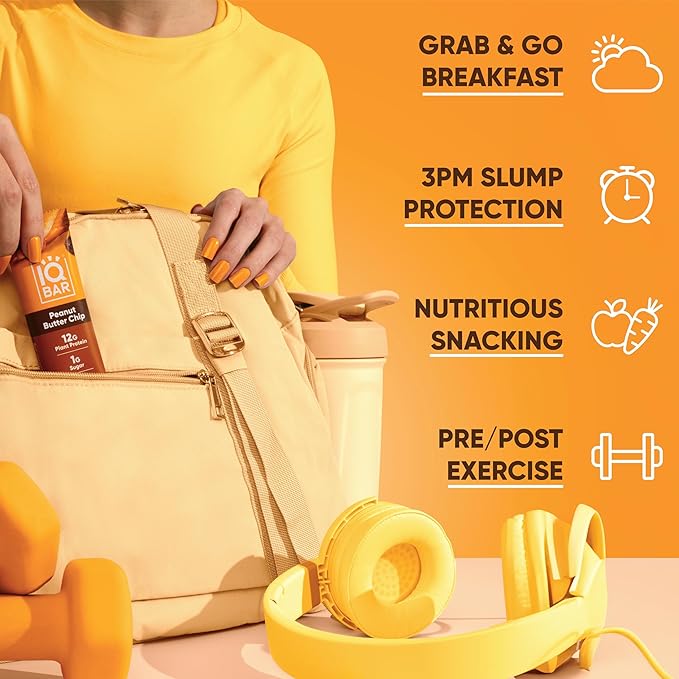 IQBAR Brain and Body Plant Protein Bars - Peanut Butter Chip - 24-Count Low Carb - Gluten Free, High Fiber, Vegan Snacks - Low Sugar Meal Replacement