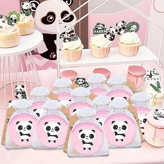 36 Pack Panda Change Purses Set Include 12 Wallets with Keyring,12 Thank You Tags and 12 Organza Bags for Panda Lover, Panda Themed Jungle Safari Animals Birthday Party,Pink