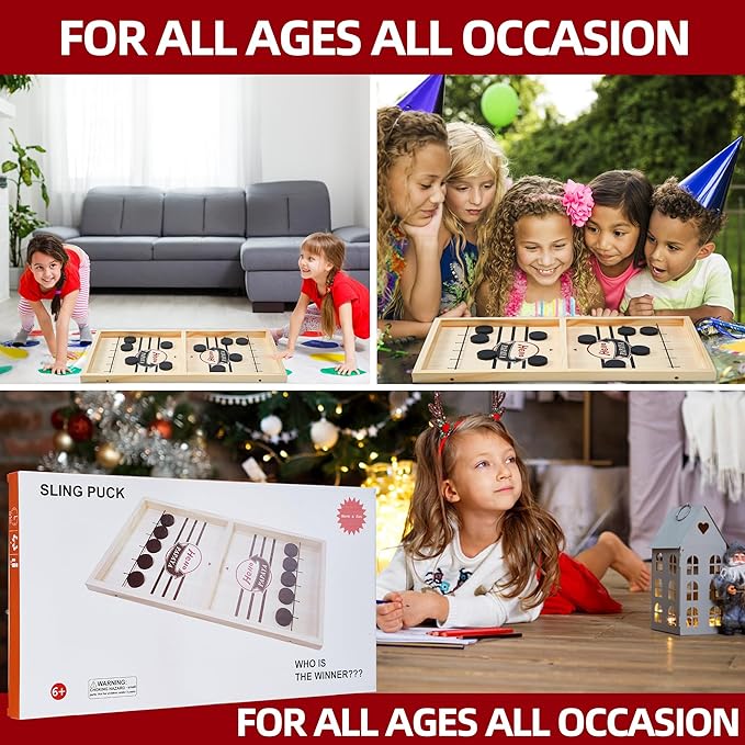 Foldable Fast Sling Puck Game with Chess Board and Checkers Board, Tic Tac Toe. Wooden Air Hockey Family Night,Table Games Gifts for Adults and Kids