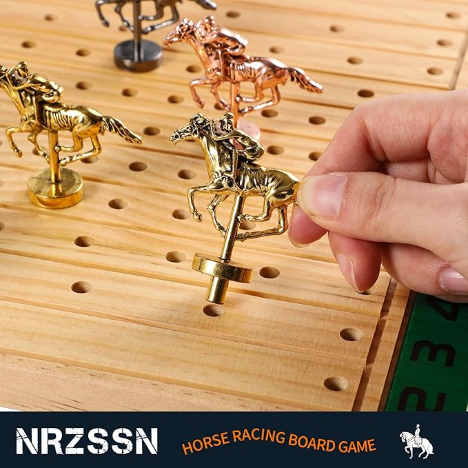 Horse Race Board Game with 11 Luxurious Durable Classic Metal Horses with 4 Dice and 2 Boxes of Cards Thickened Solid Wood Horse Racing Dice Game (Log Color,Rectangle)
