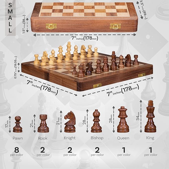 INTAJ Magnetic Chess Set – 7 Inch Small Wooden Travel Chess Board Game for Kids and Adults | Handcrafted Acacia Wood Chess with Storage | Portable Decorative Folding Chess Set for Beginners