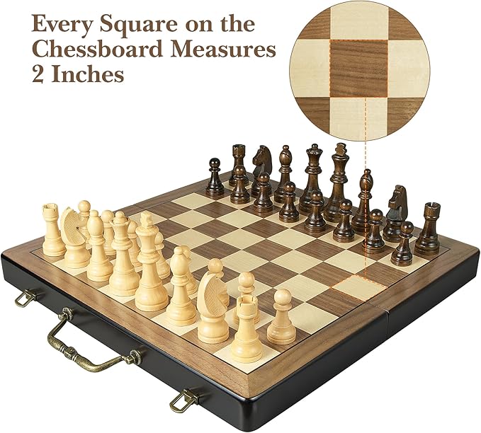 18.5 Inch Wooden Chess Set with Handle,Chess Sets for Adults Kids Portable Folding Board Games with 4.5" King and 2 Extra Queens Handmade Large Pieces with Storage Slots