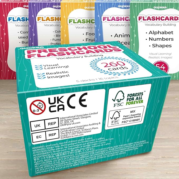 QUOKKA 260 Flash Cards for Kids Ages 3-5 with Realistic Images – Pre K Flash Cards Age 4-5 for Toddlers & Preschool, Alphabet, Numbers, Shapes, etc with 30 Learning Activities Color-Coded for Sorting