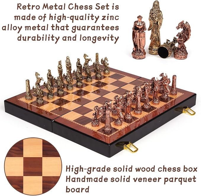 Vintage Figurine Metal Chess Set for Adults and Kids – Wooden Chess Board with Metal Chess Pieces Travel Chess Set with Metal Chessmen – Collectible Elegant Chess Game – Family Vintage Board Game