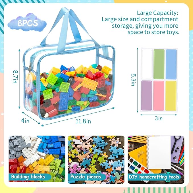 8 Packs 8 Colors Large Toy Storage Bags with Zipper and Labels, Clear PVC Waterproof Toy Organizers Bags for Board Games, Puzzles Pieces, Building Blocks, Handmade Accessories, Kid Books
