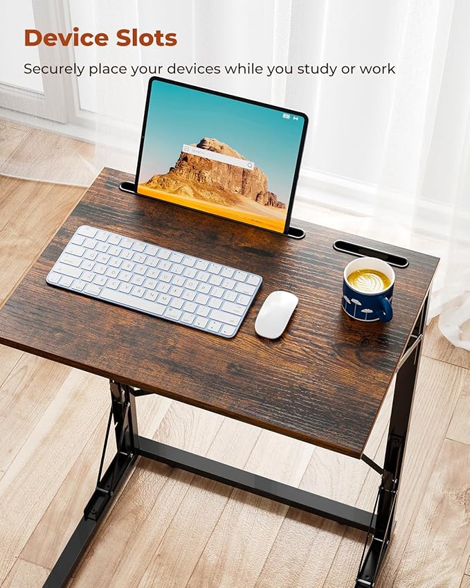 21''Wx28''H Folding TV Tray Set of 2, Small Foldable C-Shaped Tray Table for Eating with Tablet and Phone Slots, Slide Under Couch Side Table for Recliner, Living Room, Bedroom, Rustic Brown