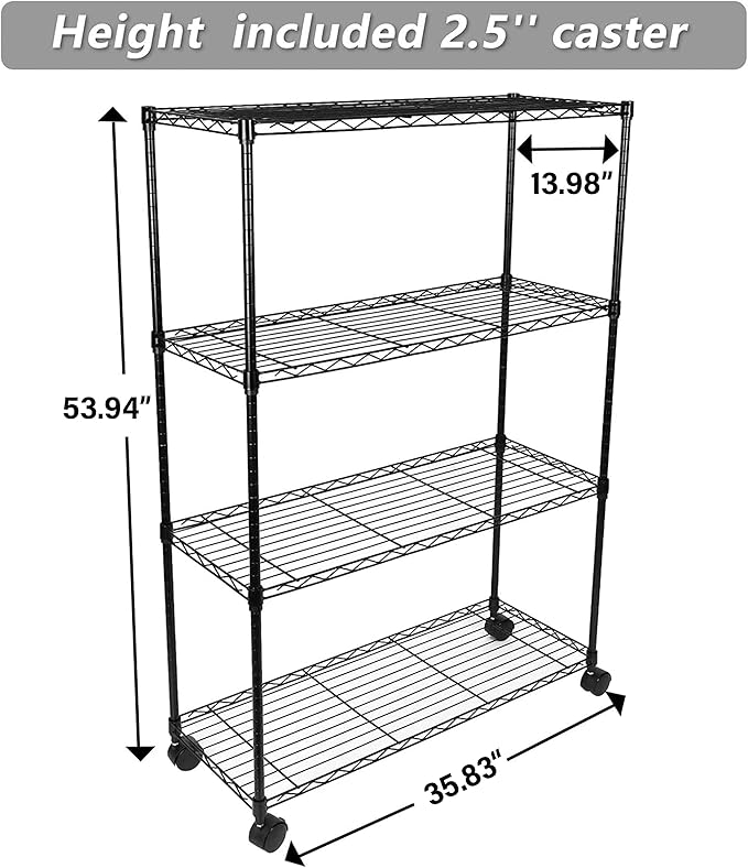 YSSOA Heavy Duty 4-Tier Storage Shelving Unit, 35.83" W x 13.98" D x 53.94" H, 1000 Lbs Loading Capacity, Black