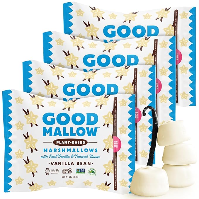GoodMallow Vegan Marshmallows - Large Kosher Halal Gluten Free Dairy Free Healthy- Natural Gelatin Free Marshmallows for Hot Chocolate, Smores, Baking - Nothing Artificial (White Vanilla) (Pack of 4)