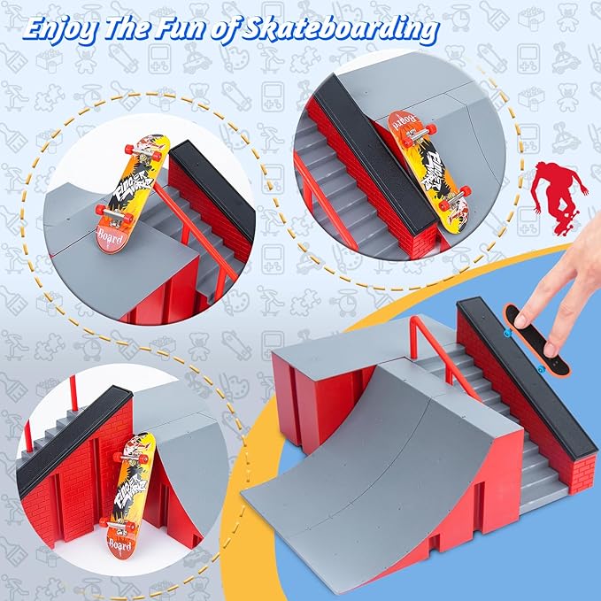 Finger Skateboards Ramp Set, Fingerboard Skatepark Deck with Ramps, Fingerboard Half Pipe Ramp for Kids Adults Fingerboard Training Props Interactive Freestyle Skate Game B