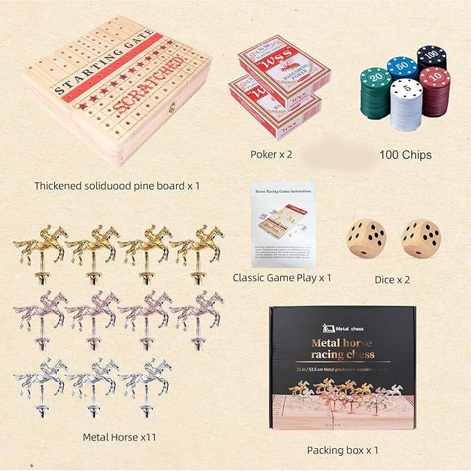 Horse Racing Board Game Set for Adults , 21-Inch Foldable Solid Wood Adult Board Games with 11 Metal Horses, 2 Dice, and 2 Boxes of Cards for Adults Family Game Night Tabletop Game Party
