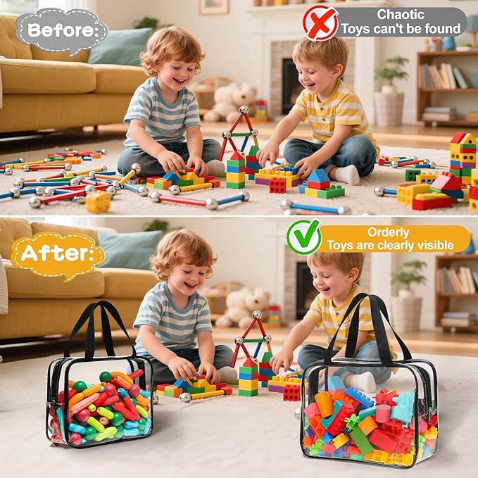 Toy Storage Bags - 6 Packs Toy Storage Organizer with Labels & Pen for Kids, Reusable Clear PVC Board Game Storage with Zipper, Waterproof Travel Bags for Building Blocks, Puzzles (Black)