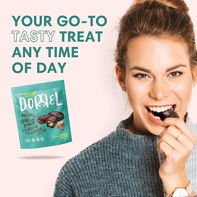 DORREL - Belgian Dark Chocolate Covered Dates (Medjool) with Salted Peanuts Stuffing, High Energy Vegan Choco Snack, Delicious, Kosher & Non-GMO, Pack of 1 Stuffed Chocolate Dates, 7.05 oz / 200 g Ea