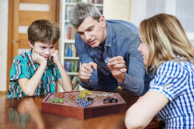 VAMSLOVE Chinese Checkers 15" Large Upgraded Version Wooden Game Board, 16mm 60+12 Colorful Glass Marbles, Easy Grasping for Adults and Kids, w/Storage Drawer, Fun for Family Gathering