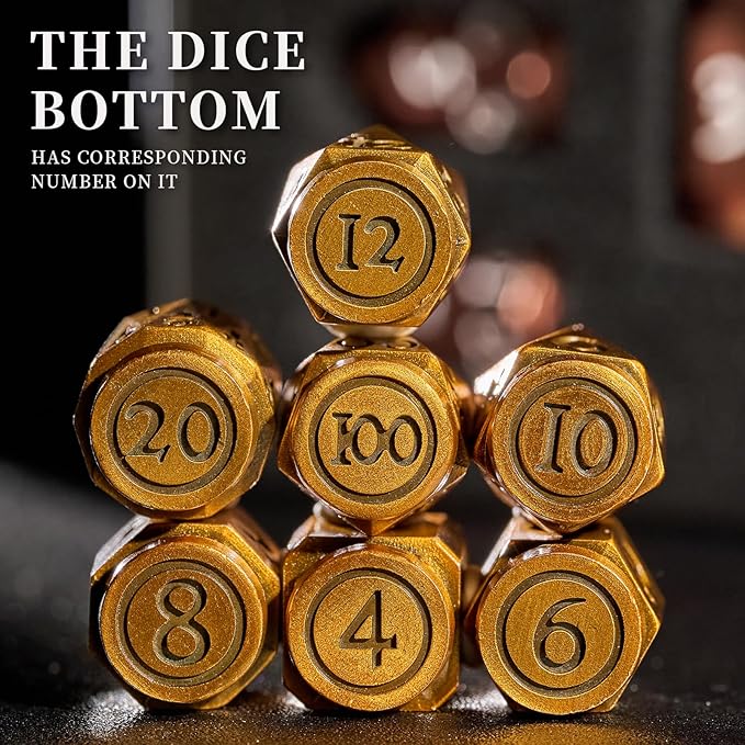 Metal Dice Set of 7, Polyhedral Role Playing Game, Cyberpunk Style, Gradient Antique Gold